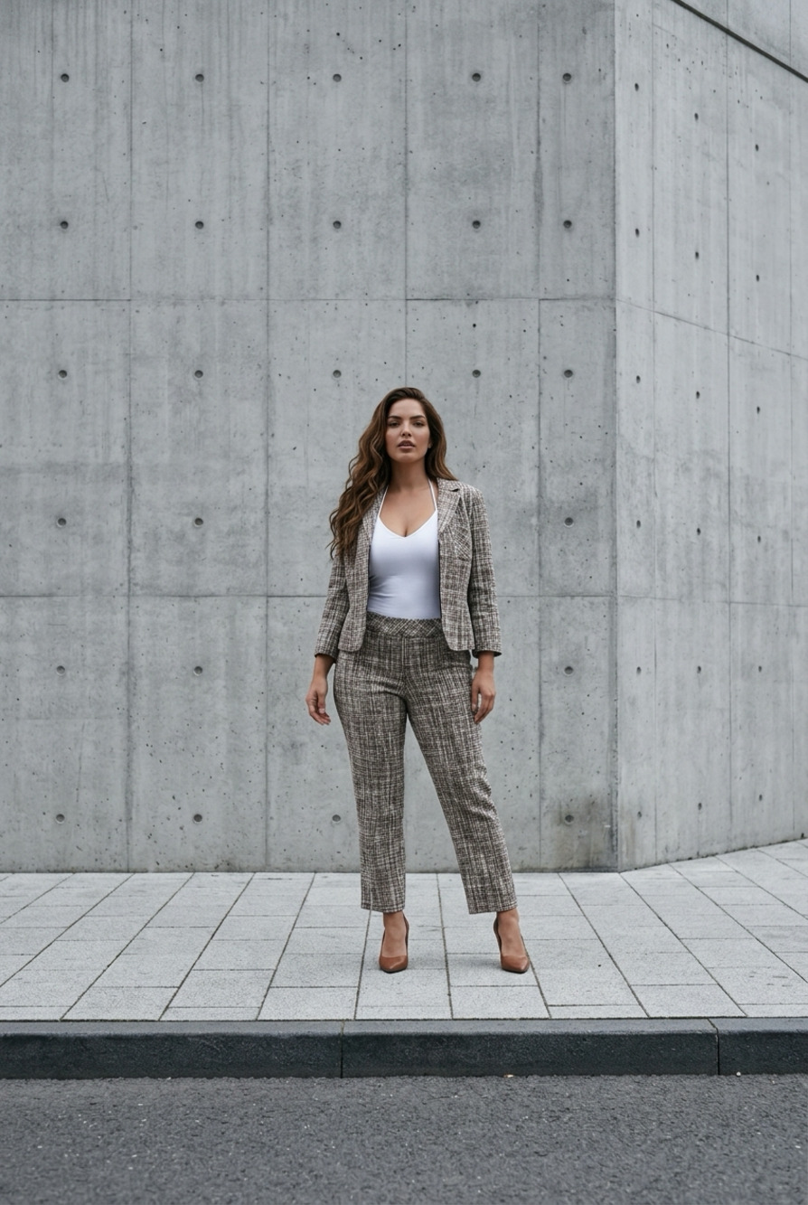 Talbots Women's Petite 8P Brown Plaid Linen-Blend Blazer and Pants Suit Set